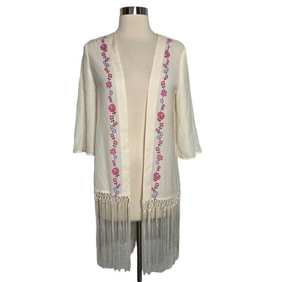 L’Amour by Nanette Lepore Open Front Floral Detail Fringe Cardigan - Picture 1 of 7